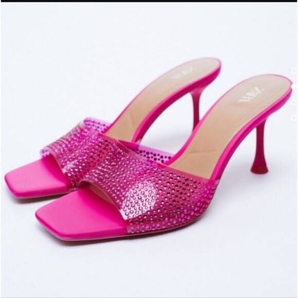 Zara Shoes - ZARA BARBIE PINK FUSHIA VINYL PVC BEADED RHINESTONE SATIN SQUARE TOE HEELS